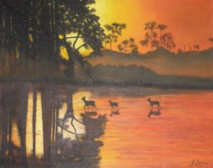 Deer / Sunset – J. Darden 16 x 20 Oil on Canvas Panel